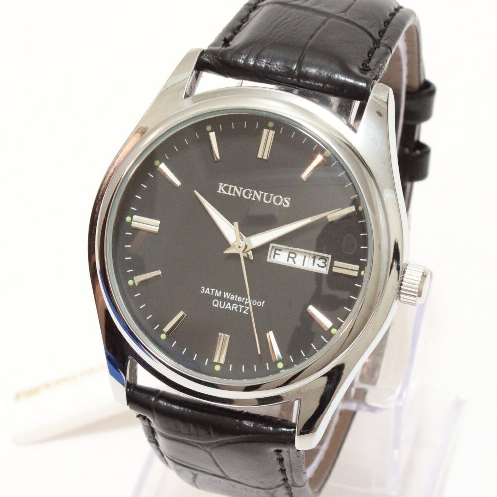 Men's Contemporary Dress Watch Silver Case Black Leather Watch Strap 40mm - Picture 13 of 13